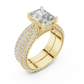 2.5 CT Radiant Cut Lab Grown Diamond Wide Pave Band Engagement Ring in yellow gold — angled view by Luzora Jewels