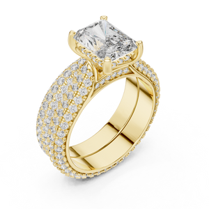 2.5 CT Radiant Cut Lab Grown Diamond Wide Pave Band Engagement Ring in yellow gold — angled view by Luzora Jewels