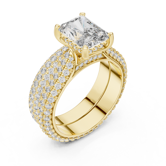 2.5 CT Radiant Cut Lab Grown Diamond Wide Pave Band Engagement Ring in yellow gold — angled view by Luzora Jewels
