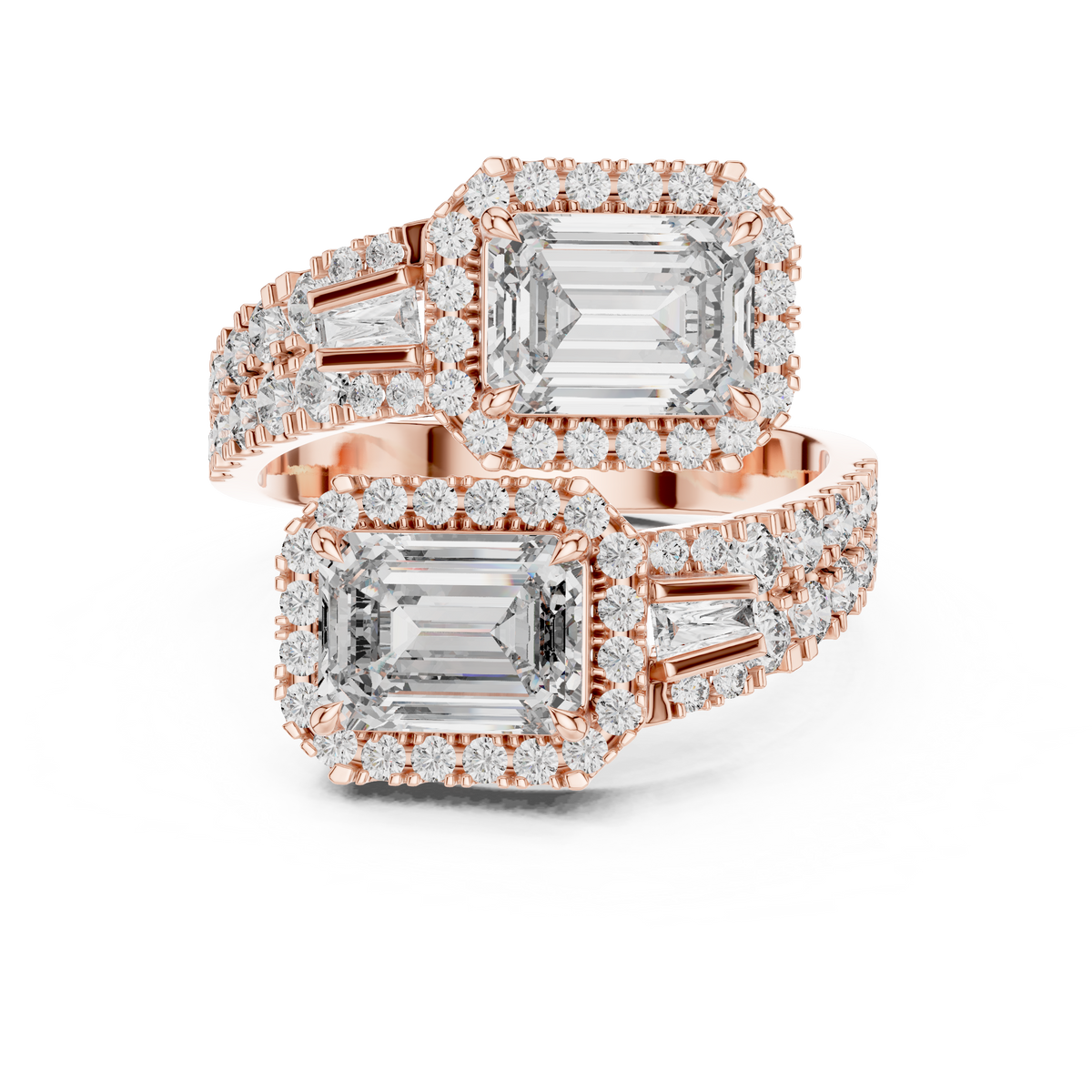 Rose gold 3.69 CTW lab grown diamond emerald cut toi et moi engagement ring, front view