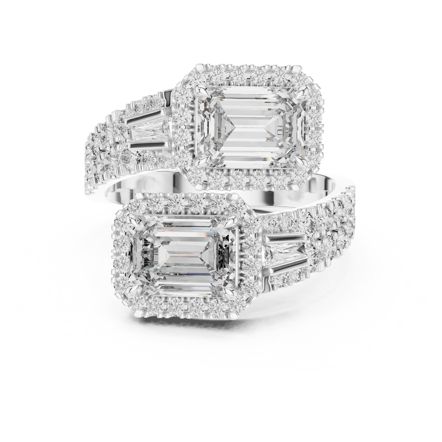White gold 3.69 CTW lab grown diamond emerald cut toi et moi engagement ring, front view