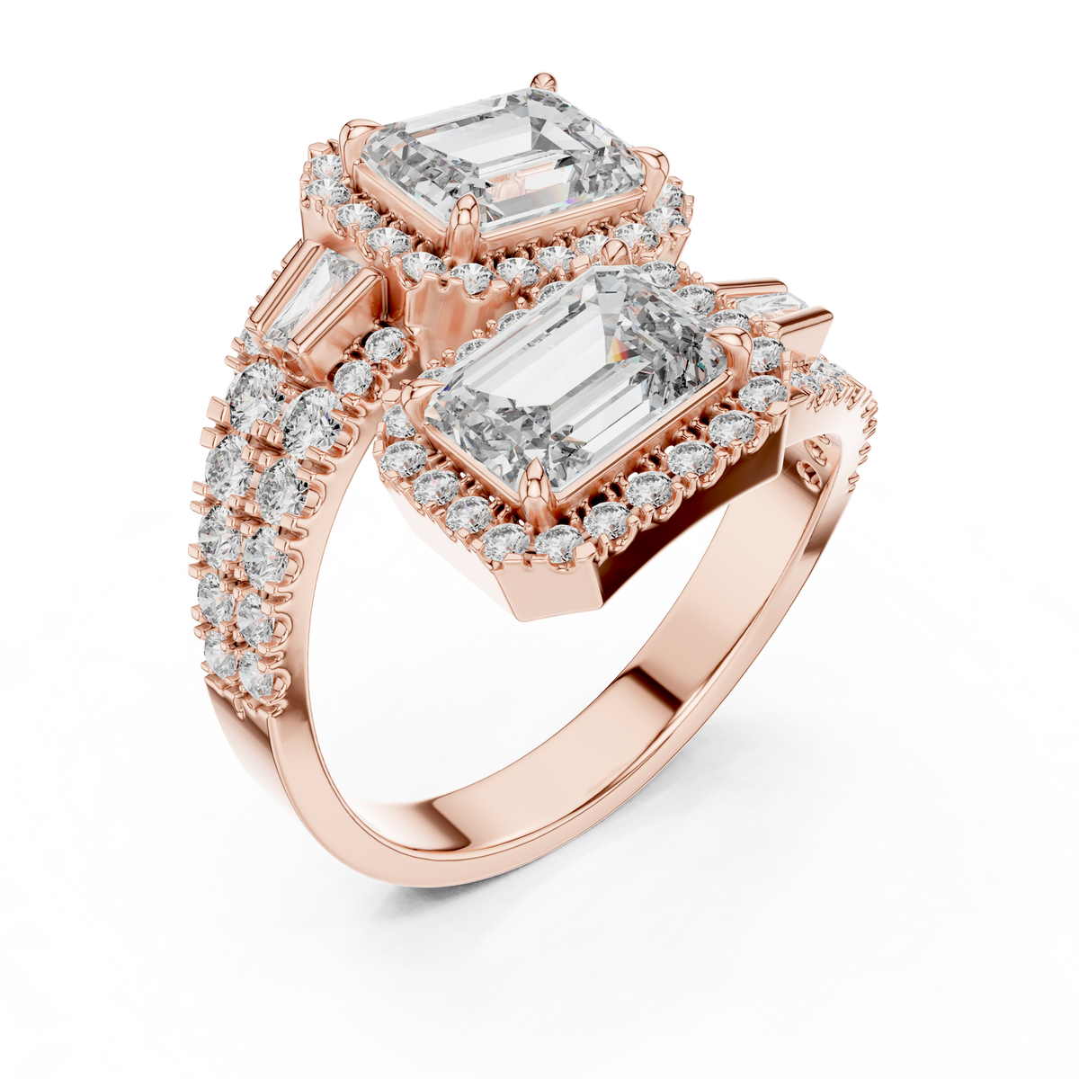 Rose gold lab grown diamond emerald cut toi et moi engagement ring, angled view