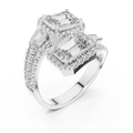 White gold lab grown diamond emerald cut toi et moi engagement ring, angled view
