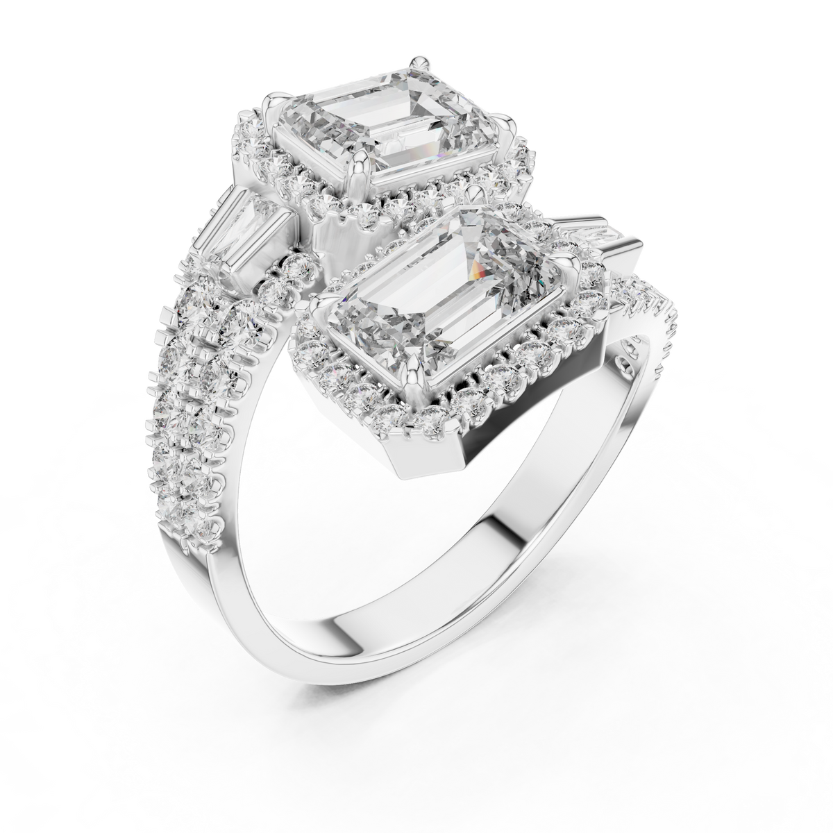 White gold lab grown diamond emerald cut toi et moi engagement ring, angled view