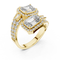 Yellow gold lab grown diamond emerald cut toi et moi engagement ring, angled view