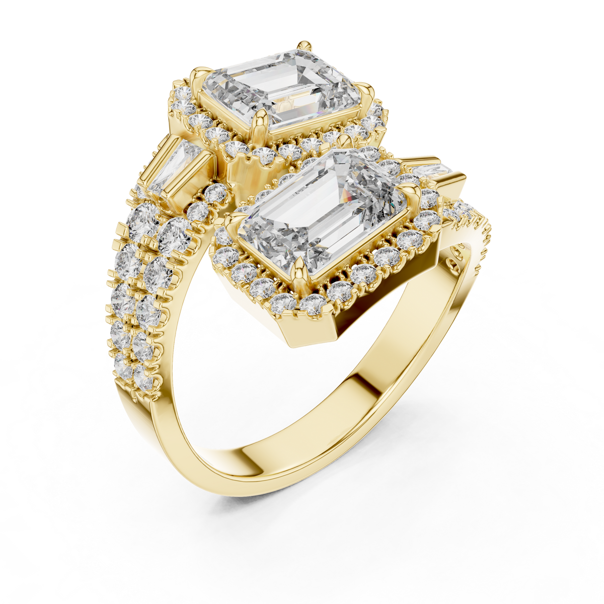 Yellow gold lab grown diamond emerald cut toi et moi engagement ring, angled view