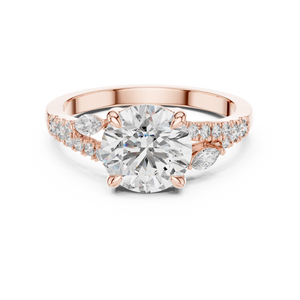 Rose gold 2.27 CTW lab grown diamond round cut marquise accent engagement ring, front view