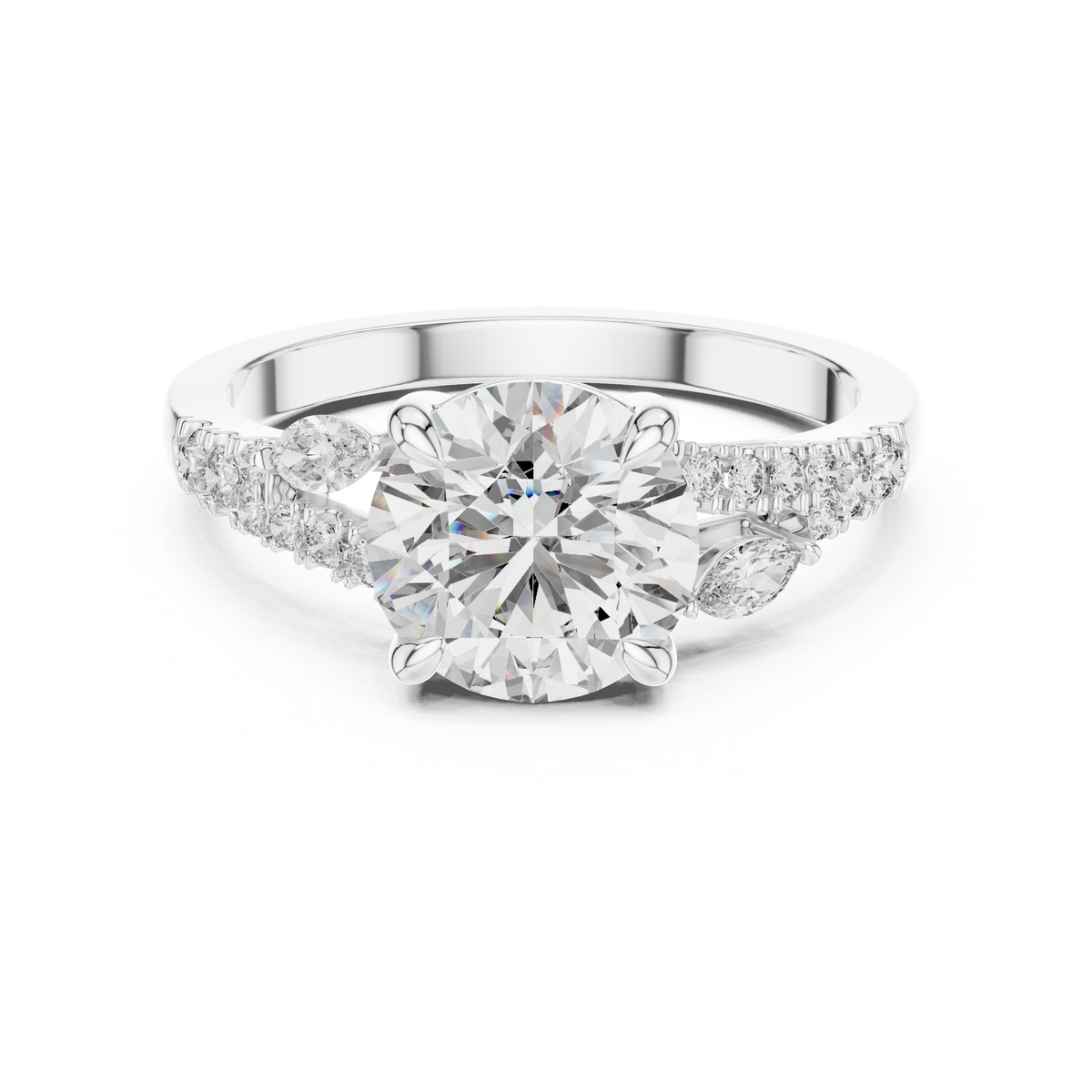 White gold 2.27 CTW lab grown diamond round cut marquise accent engagement ring, front view