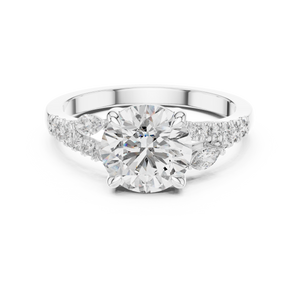 White gold 2.27 CTW lab grown diamond round cut marquise accent engagement ring, front view