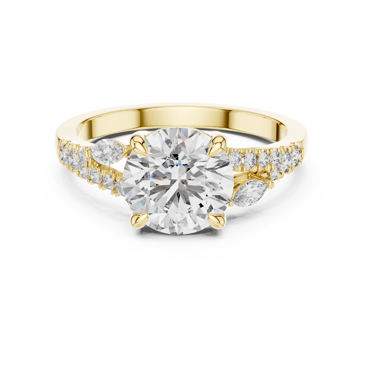 Yellow gold 2.27 CTW lab grown diamond round cut marquise accent engagement ring, front view