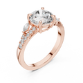 Rose gold lab grown diamond round cut marquise accent engagement ring, angled view