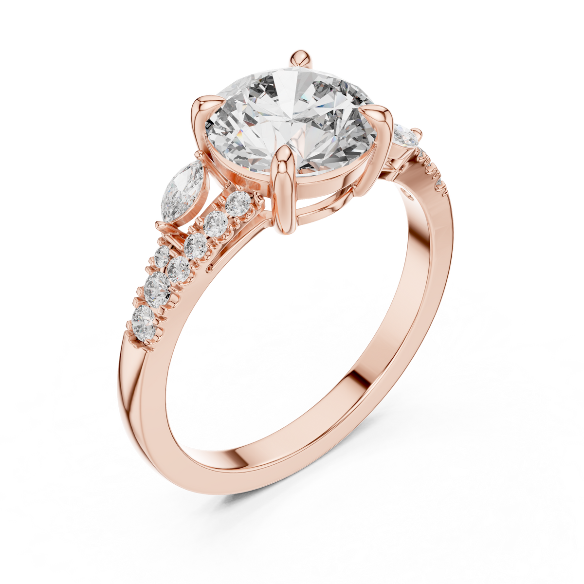 Rose gold lab grown diamond round cut marquise accent engagement ring, angled view