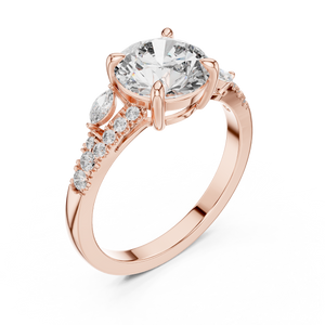 Rose gold lab grown diamond round cut marquise accent engagement ring, angled view