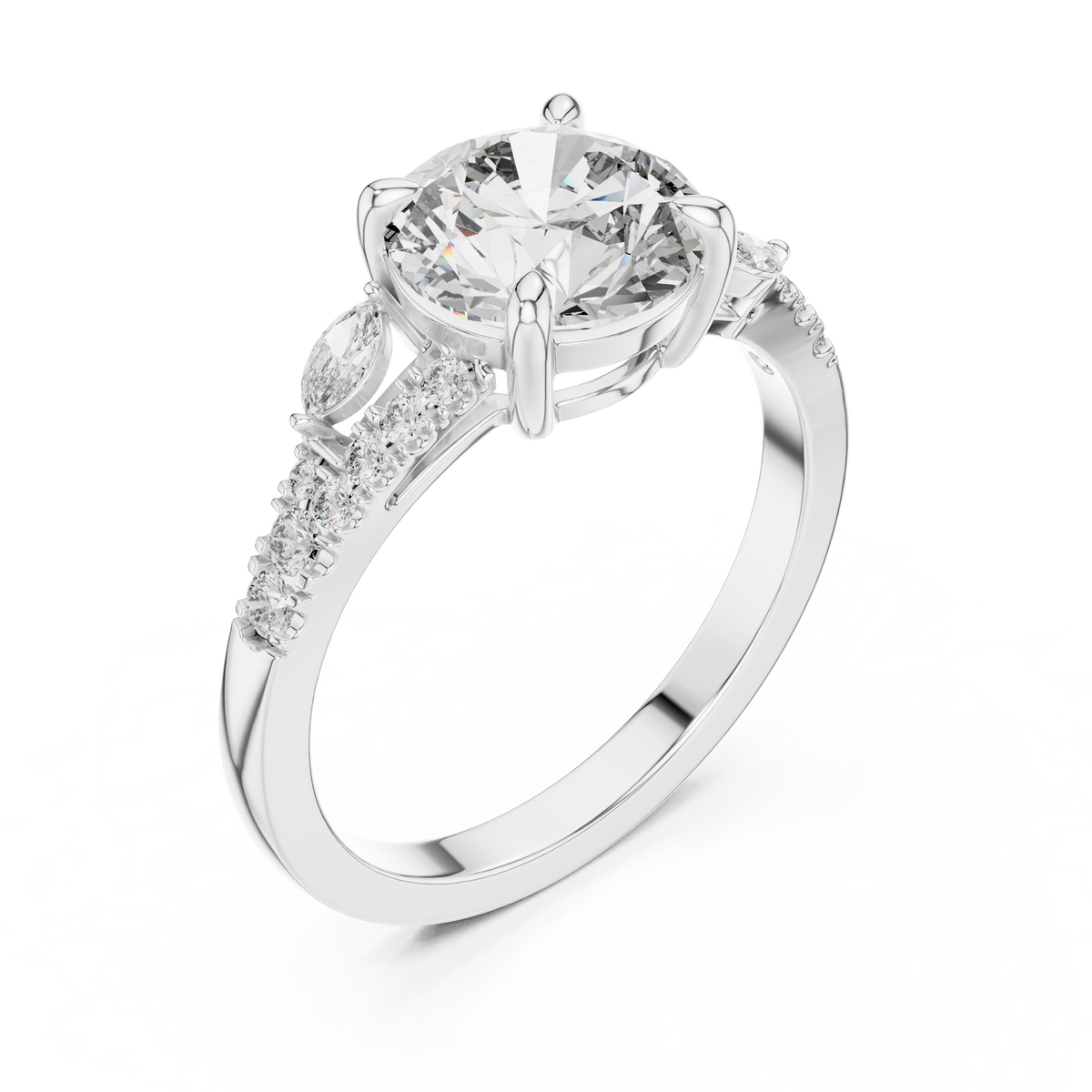 White gold lab grown diamond round cut marquise accent engagement ring, angled view