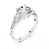 White gold lab grown diamond round cut marquise accent engagement ring, angled view