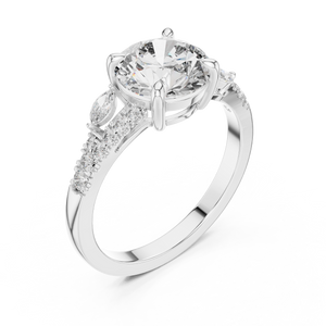 White gold lab grown diamond round cut marquise accent engagement ring, angled view