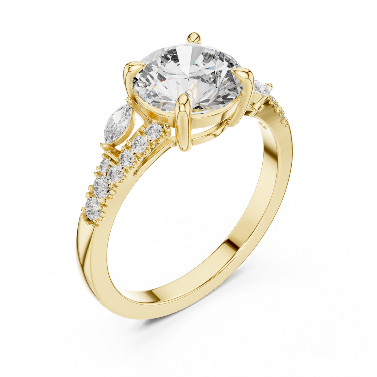 Yellow gold lab grown diamond round cut marquise accent engagement ring, angled view