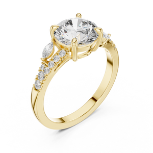 Yellow gold lab grown diamond round cut marquise accent engagement ring, angled view