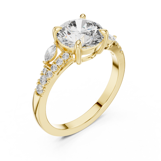 Yellow gold lab grown diamond round cut marquise accent engagement ring, angled view