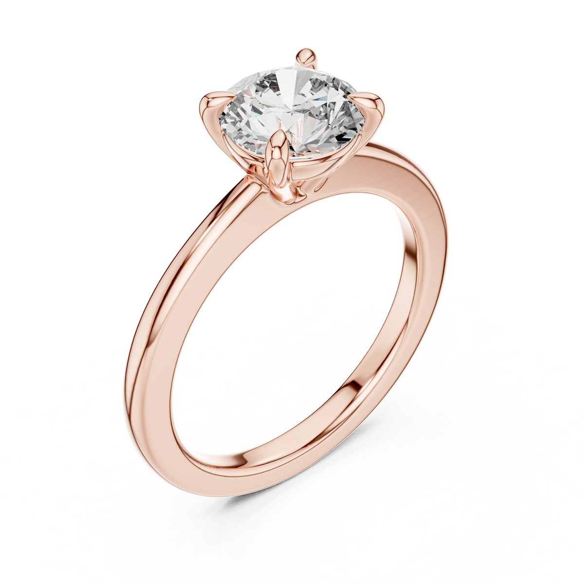 Rose gold lab grown diamond round cut solitaire engagement ring, angled view