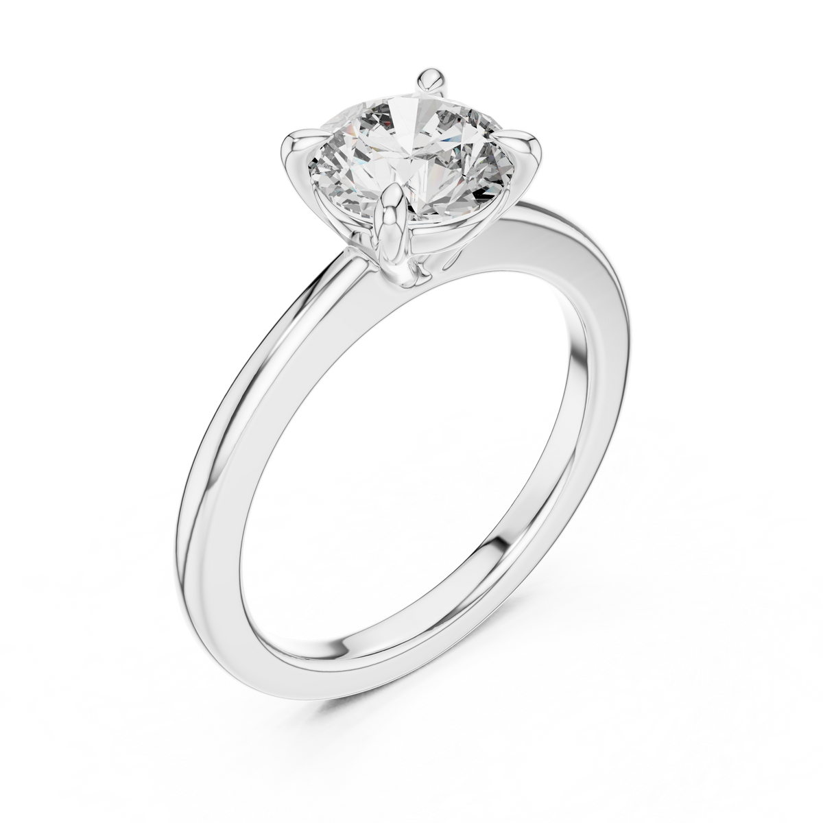 White gold lab grown diamond round cut solitaire engagement ring, angled view