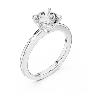 White gold lab grown diamond round cut solitaire engagement ring, angled view