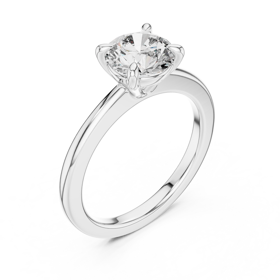 White gold lab grown diamond round cut solitaire engagement ring, angled view