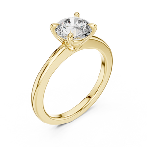 Yellow gold lab grown diamond round cut solitaire engagement ring, angled view