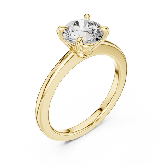 Yellow gold lab grown diamond round cut solitaire engagement ring, angled view