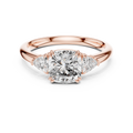 Rose gold 2.09 CTW lab grown diamond cushion cut three stone engagement ring, front view