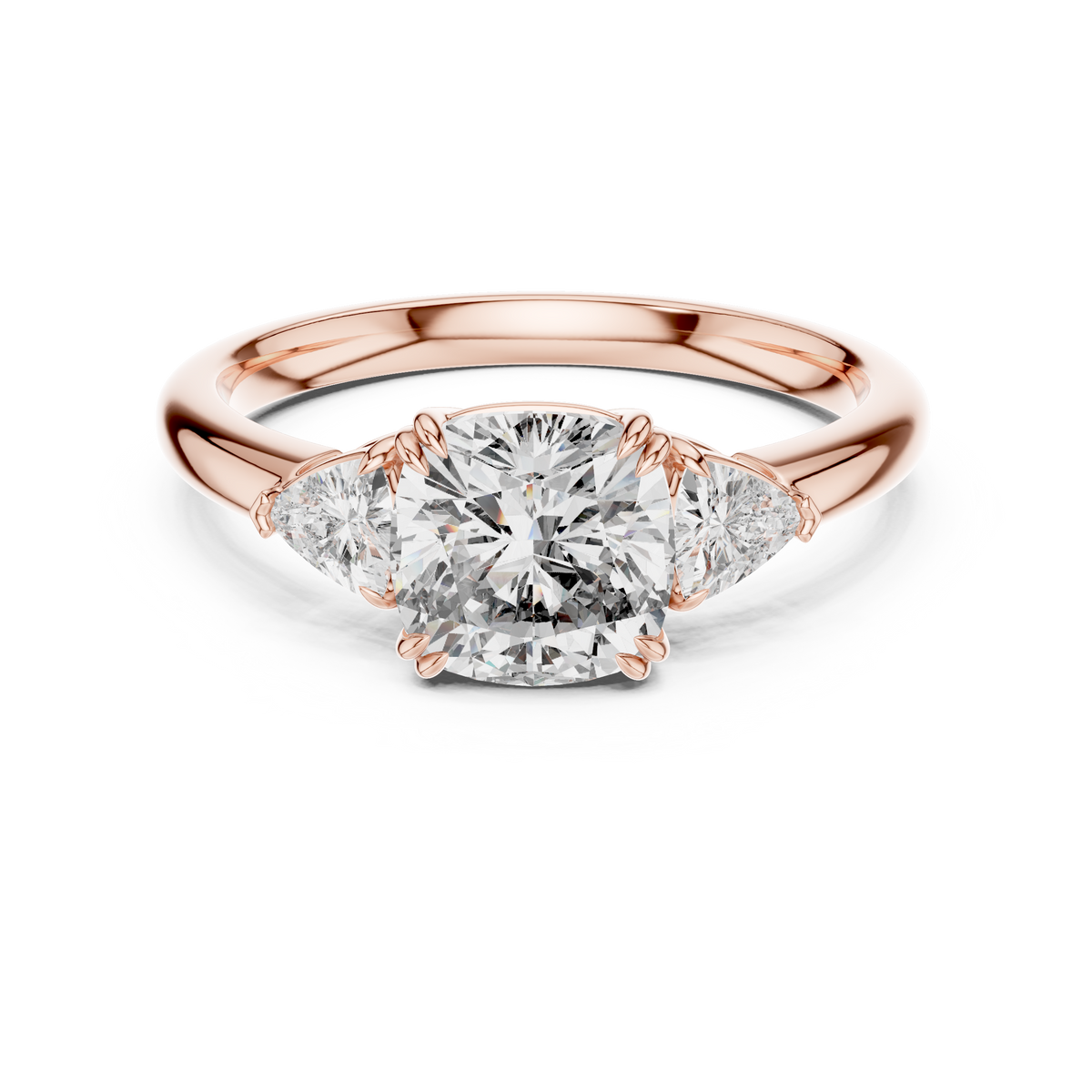 Rose gold 2.09 CTW lab grown diamond cushion cut three stone engagement ring, front view