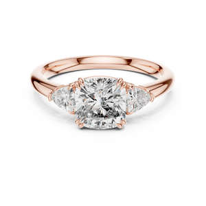 Rose gold 2.09 CTW lab grown diamond cushion cut three stone engagement ring, front view