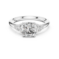White gold 2.09 CTW lab grown diamond cushion cut three stone engagement ring, front view