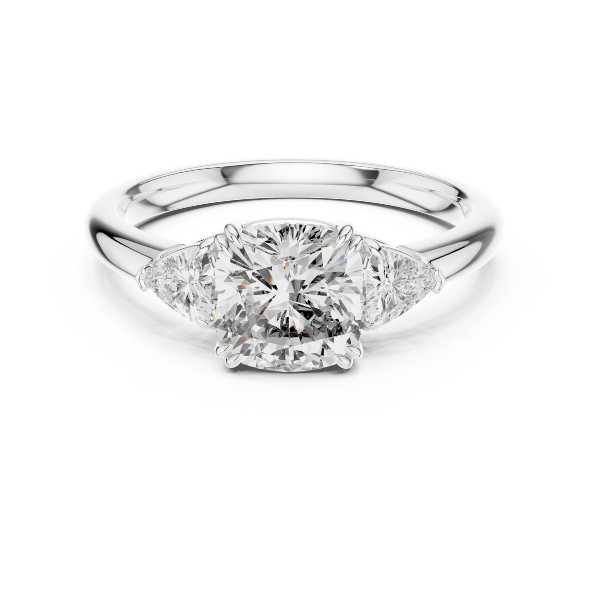White gold 2.09 CTW lab grown diamond cushion cut three stone engagement ring, front view