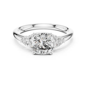 White gold 2.09 CTW lab grown diamond cushion cut three stone engagement ring, front view