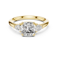 Yellow gold 2.09 CTW lab grown diamond cushion cut three stone engagement ring, front view