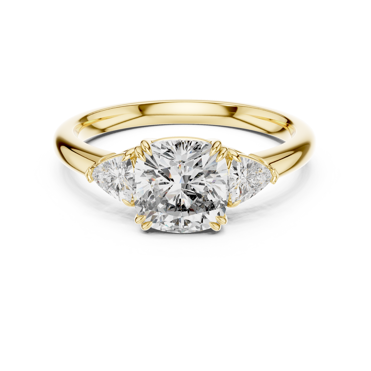Yellow gold 2.09 CTW lab grown diamond cushion cut three stone engagement ring, front view
