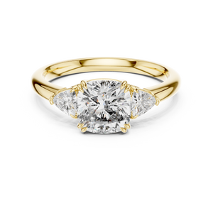 Yellow gold 2.09 CTW lab grown diamond cushion cut three stone engagement ring, front view