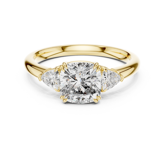 Yellow gold 2.09 CTW lab grown diamond cushion cut three stone engagement ring, front view
