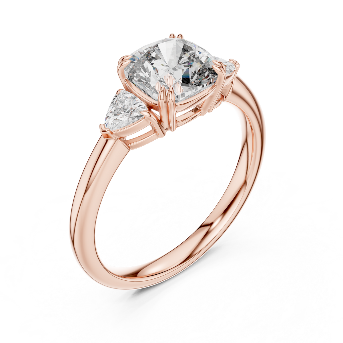Rose gold lab grown diamond cushion cut three stone engagement ring, angled view