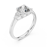 White gold lab grown diamond cushion cut three stone engagement ring, angled view