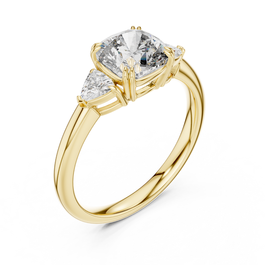 Yellow gold lab grown diamond cushion cut three stone engagement ring, angled view