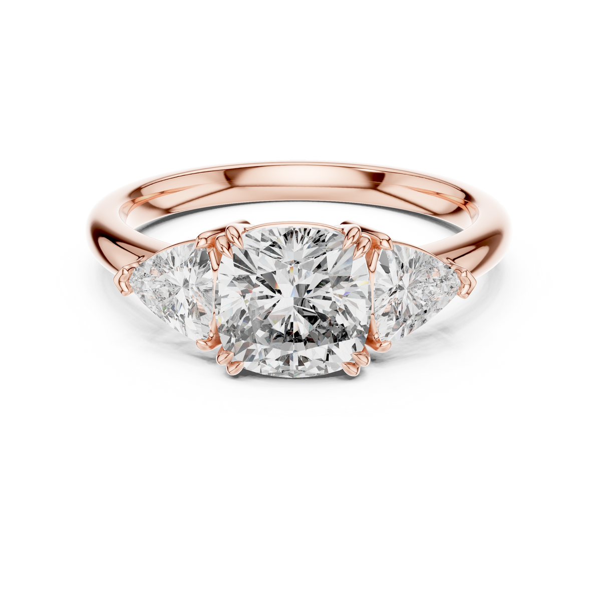 Rose gold 2.39 CTW lab grown diamond cushion cut three stone engagement ring, front view