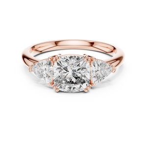 Rose gold 2.39 CTW lab grown diamond cushion cut three stone engagement ring, front view