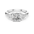 White gold 2.39 CTW lab grown diamond cushion cut three stone engagement ring, front view