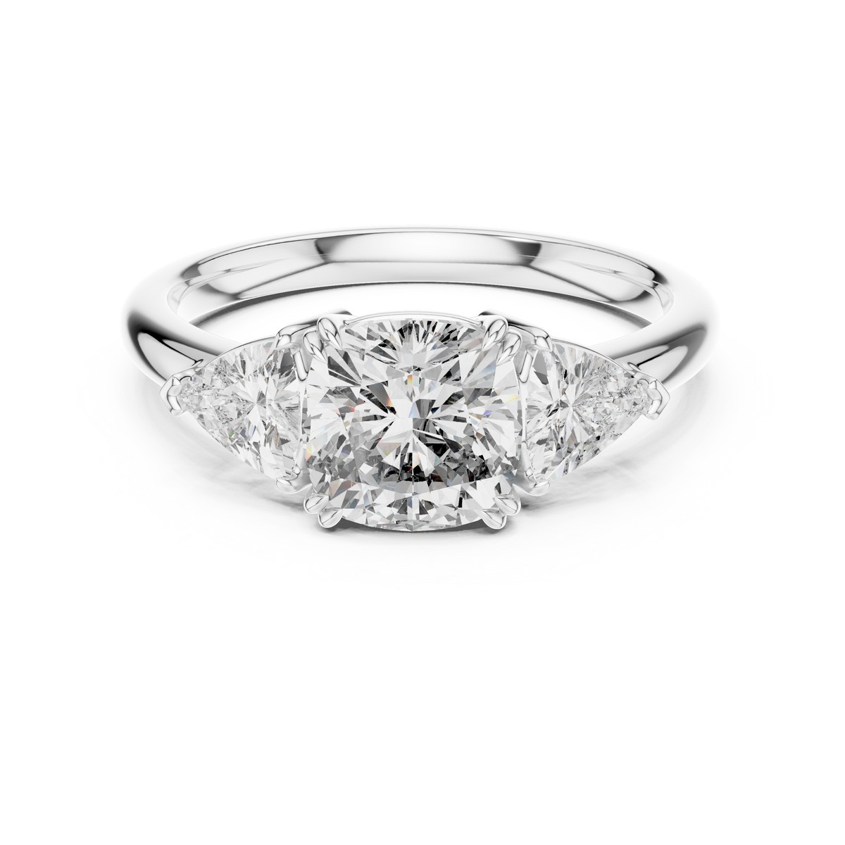 White gold 2.39 CTW lab grown diamond cushion cut three stone engagement ring, front view