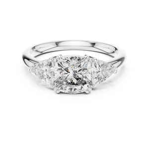 White gold 2.39 CTW lab grown diamond cushion cut three stone engagement ring, front view