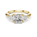 Yellow gold 2.39 CTW lab grown diamond cushion cut three stone engagement ring, front view