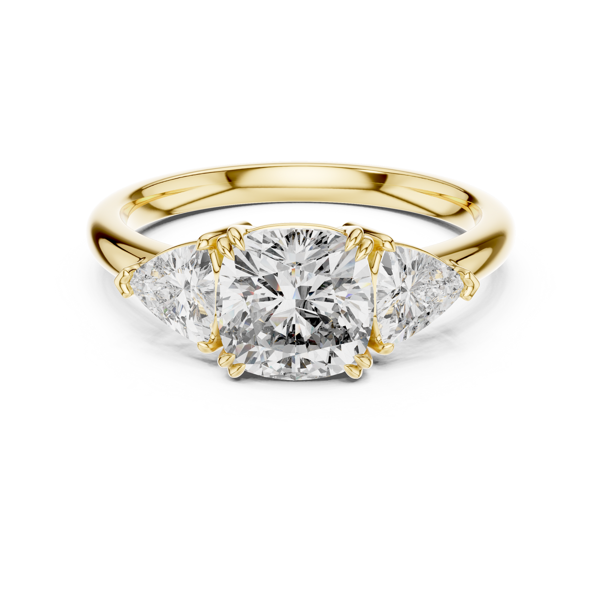 Yellow gold 2.39 CTW lab grown diamond cushion cut three stone engagement ring, front view