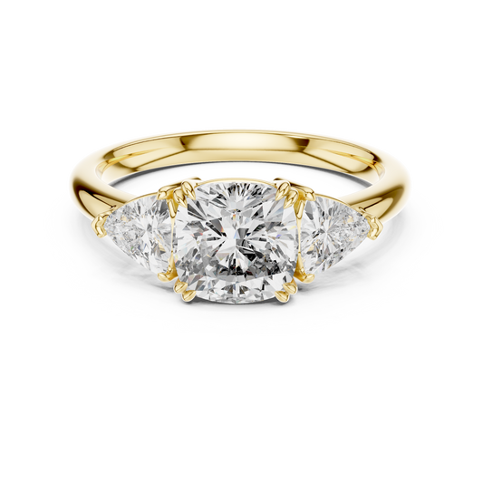 Yellow gold 2.39 CTW lab grown diamond cushion cut three stone engagement ring, front view